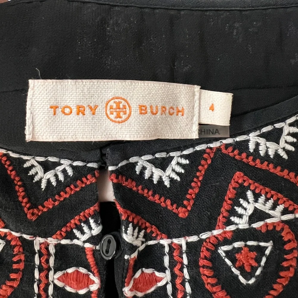 Tory Burch Black Bristol 100% Silk Short‎ Sleeves Embroidered Mini Dress size 4